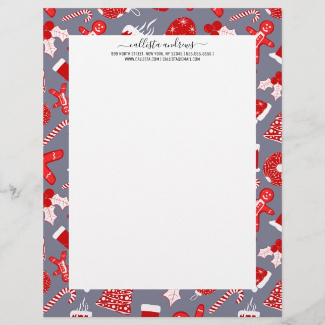 Cute Festive Red Illustrations Christmas Pattern Custom Letterhead (Front)