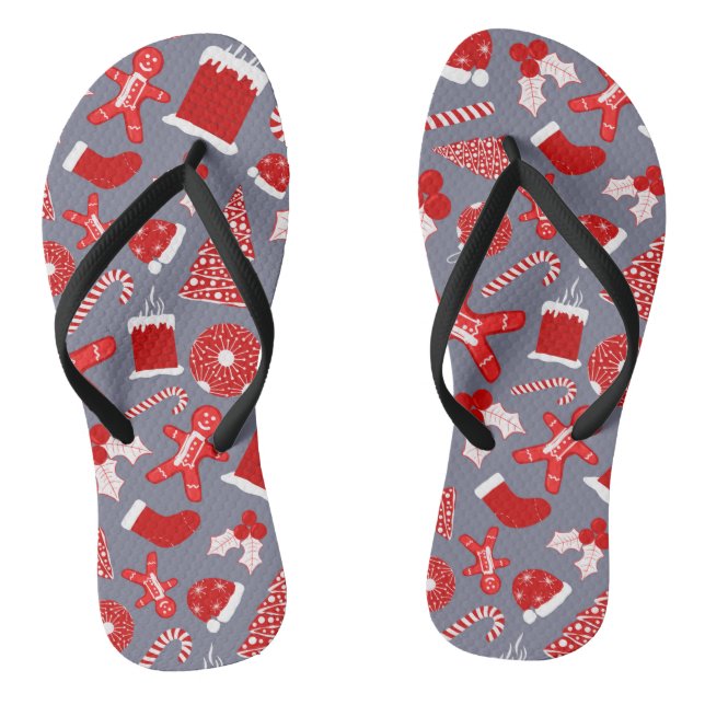 Cute Festive Red Illustrations Christmas Pattern Flip Flops (Footbed)