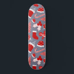 Cute Festive Red Illustrations Christmas Pattern Skateboard<br><div class="desc">This cute and simple Christmas pattern is perfect for the festive and fun vibe. It features hand-drawn cartoon illustrations of a snowy chimney, stocking, ornament, holly berries, ivy leaves, Christmas tree, candy cane, gingerbread man, and Santa Claus hat on top of a dusty dark and light blue background. It's modern,...</div>