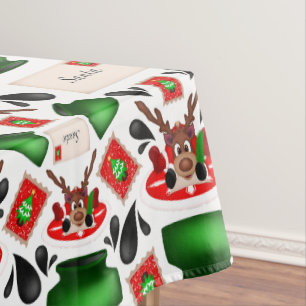 Cute Festive Red Kasky Christmas Reindeer Tablecloth