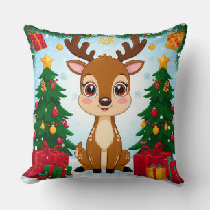 Cute Festive Reindeer Surrounded by Christmas Tree Cushion