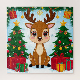 Cute Festive Reindeer Surrounded by Christmas Tree Jigsaw Puzzle