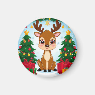 Cute Festive Reindeer Surrounded by Christmas Tree Magnet