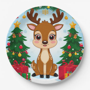 Cute Festive Reindeer Surrounded by Christmas Tree Paper Plate