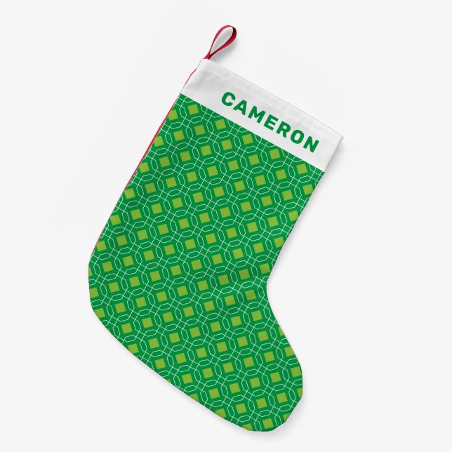 Cute Festive Retro Pattern Green Personalised Name Small Christmas Stocking (Front (Hanging))