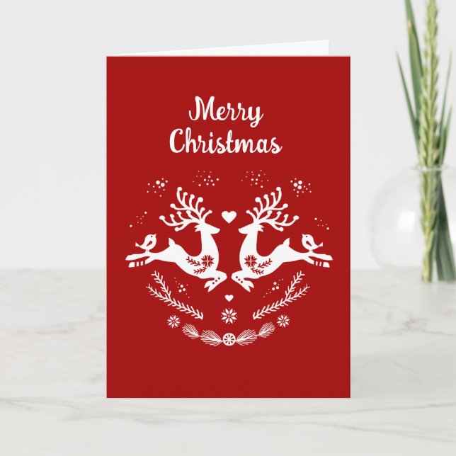 Cute Festive Scandi Red White Christmas Deer  Card (Front)