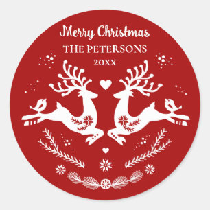 Cute Festive Scandi Red White Christmas Deer Classic Round Sticker