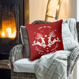 Cute Festive Scandi Red White Christmas Deer  Cushion