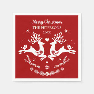Cute Festive Scandi Red White Christmas Deer  Napkin