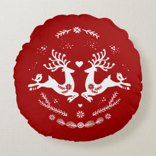 Cute Festive Scandi Red White Christmas Deer  Round Cushion