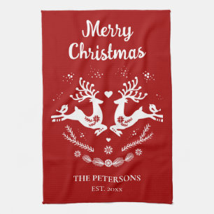 Cute Festive Scandi Red White Christmas Deer  Tea Towel