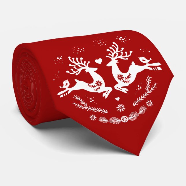 Cute Festive Scandi Red White Christmas Deer  Tie (Rolled)