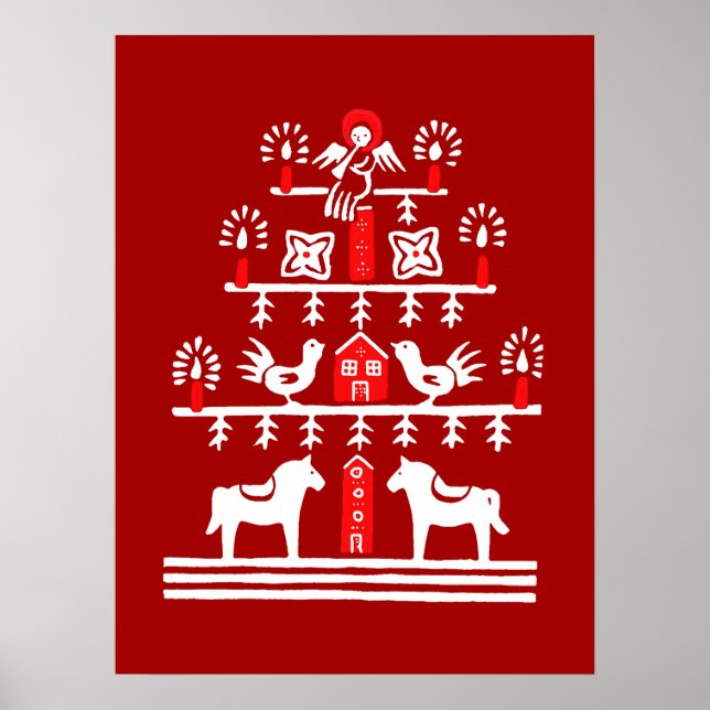 Cute Festive Scandi Red White Christmas Tree Poster (Front)