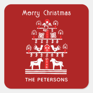 Cute Festive Scandi Red White Christmas Tree Square Sticker