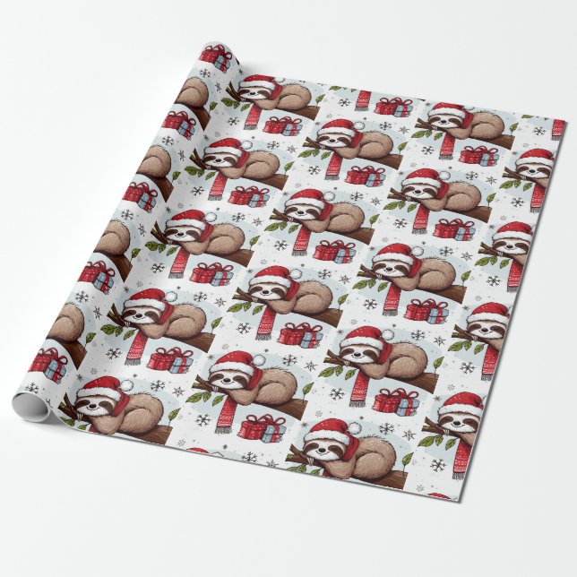 Cute Festive Sleeping Christmas Sloth with Gifts  Wrapping Paper (Unrolled)