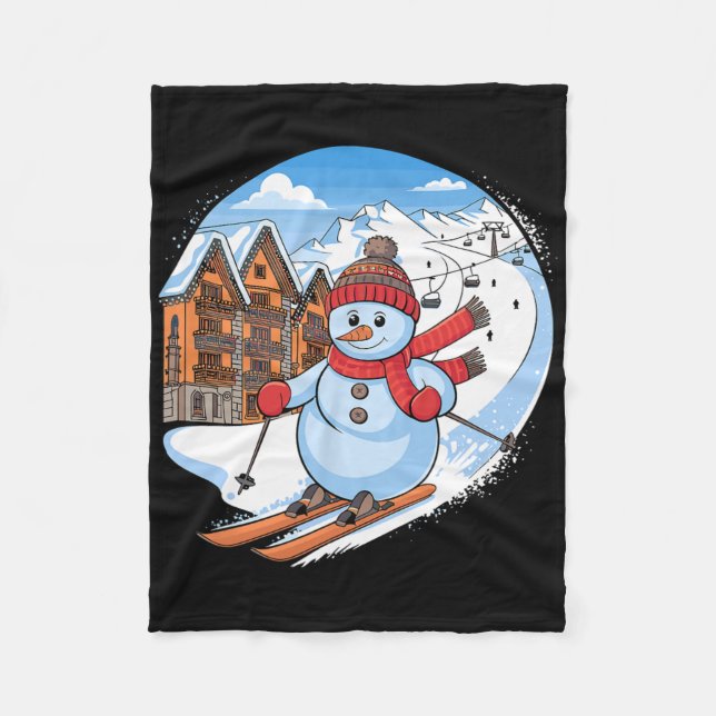 Cute Festive Snowman Downhill Skiing  Fleece Blanket (Front)