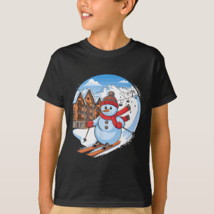 Cute Festive Snowman Downhill Skiing  T-Shirt