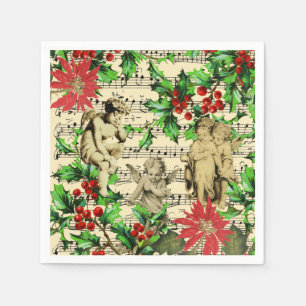 Cute Festive Vintage Angel Cherubs Holly Christmas Napkin