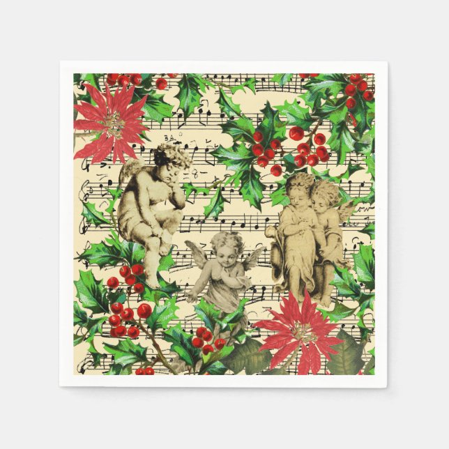 Cute Festive Vintage Angel Cherubs Holly Christmas Napkin (Front)