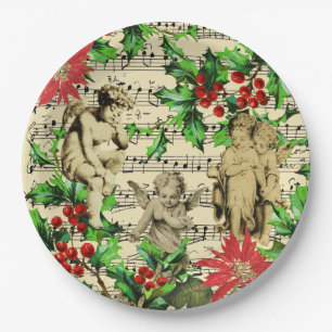 Cute Festive Vintage Angel Cherubs Holly Christmas Paper Plate