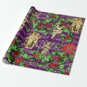 Cute Festive Vintage Angel Cherubs Holly Christmas Wrapping Paper