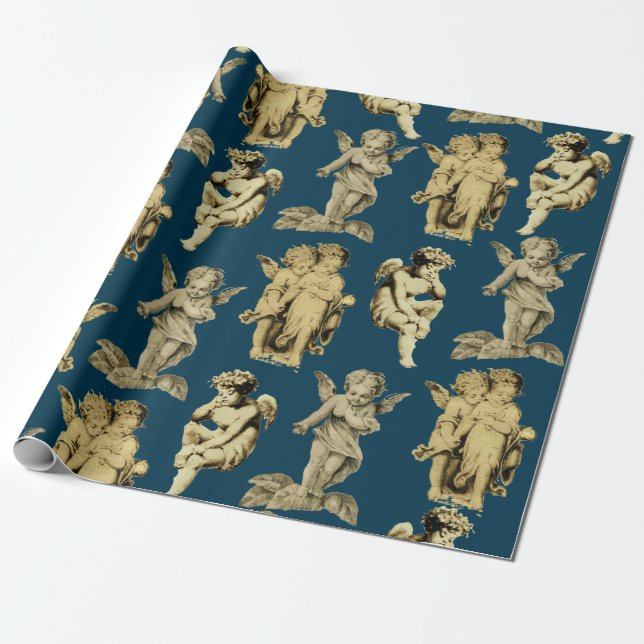 Cute Festive Vintage Winged Cherub Angels Wrapping Paper (Unrolled)