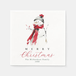 Cute Festive Watercolor Snowman Merry Christmas Napkin