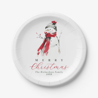 Cute Festive Watercolor Snowman Merry Christmas Paper Plate