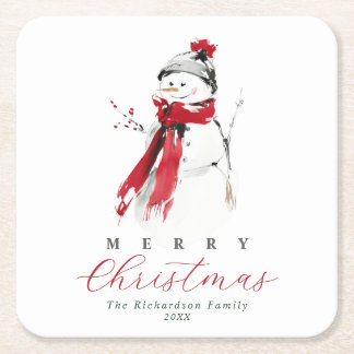 Cute Festive Watercolor Snowman Merry Christmas Square Paper Coaster