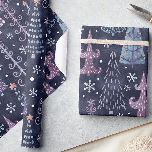 Cute Festive Whimsical Christmas Trees in Purple Wrapping Paper