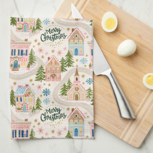 Cute Festive Whimsical Christmas Village Pattern Tea Towel