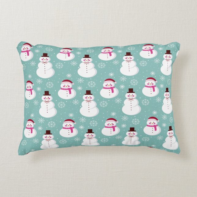 Cute Festive Winter Pink Frosty Snowman Decorative Cushion (Front)