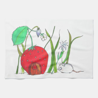cute field mouse and big red strawberry house tea towel