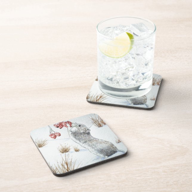Cute field mouse snow scene winter wildlife coaster (Right Side)