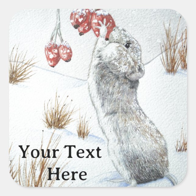 Cute field mouse snow scene winter wildlife  square sticker (Front)