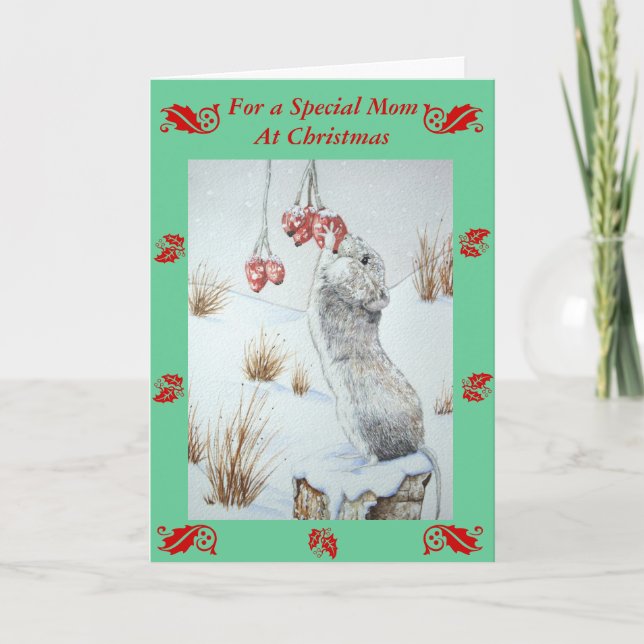 cute field mouse snow scene with mum verse holiday card (Front)