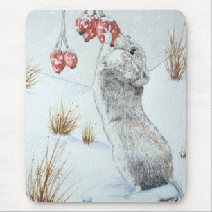 cute field mouse winter snow scene wildlife mat