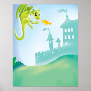 cute fiery dragon and castle scene poster