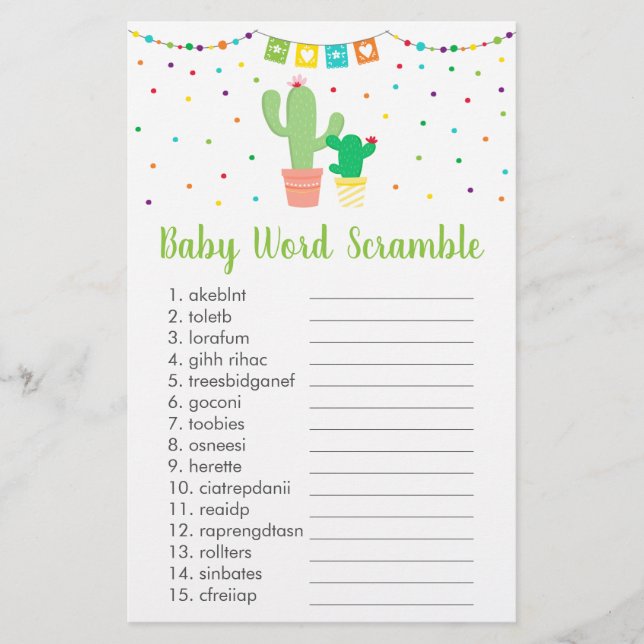 Cute Fiesta Cactus Baby Shower Word Scramble Game (Front)