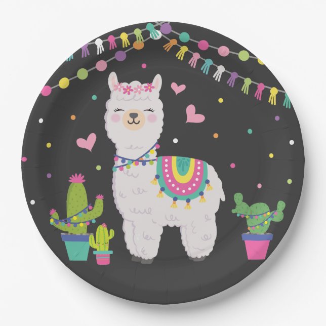 Cute Fiesta Llama Baby Girl Birthday Party Decor Paper Plate (Front)