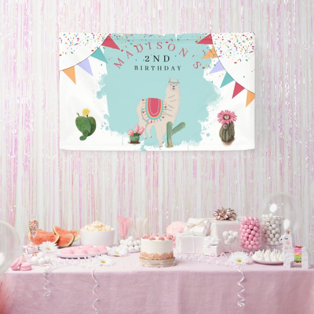 Cute Fiesta Llama & Cactus Kids Birthday  Banner (Party)