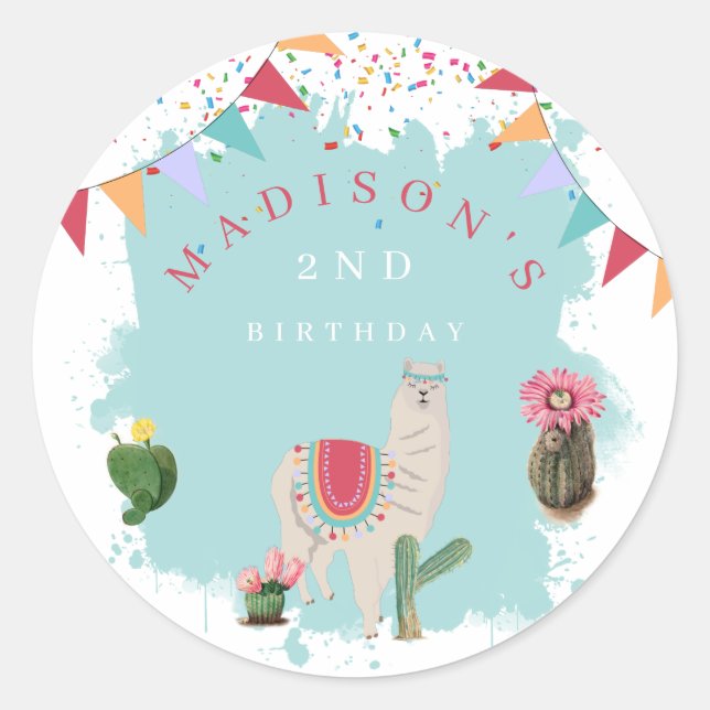 Cute Fiesta Llama & Cactus Kids Birthday Classic Round Sticker (Front)