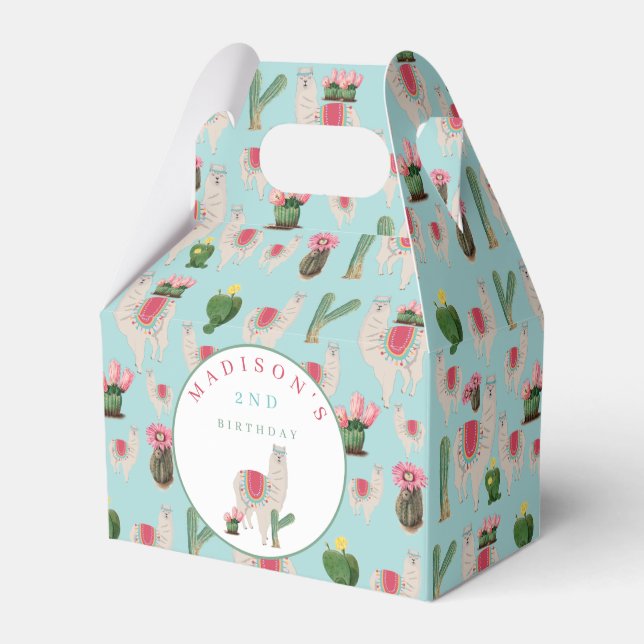 Cute Fiesta Llama & Cactus Kids Birthday Favour Box (Front Side)