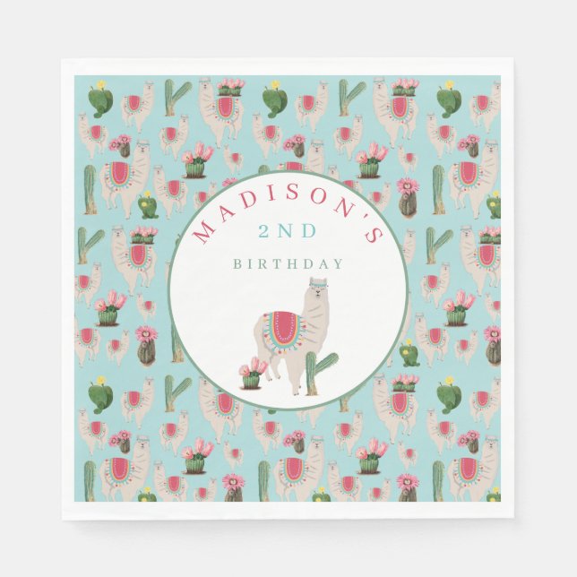 Cute Fiesta Llama & Cactus Kids Birthday  Napkin (Front)