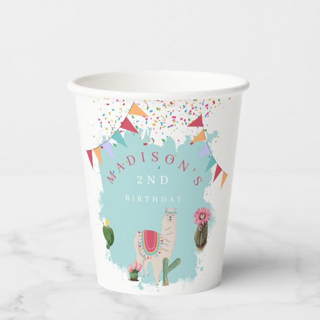 Cute Fiesta Llama & Cactus Kids Birthday  Paper Cups (Front)