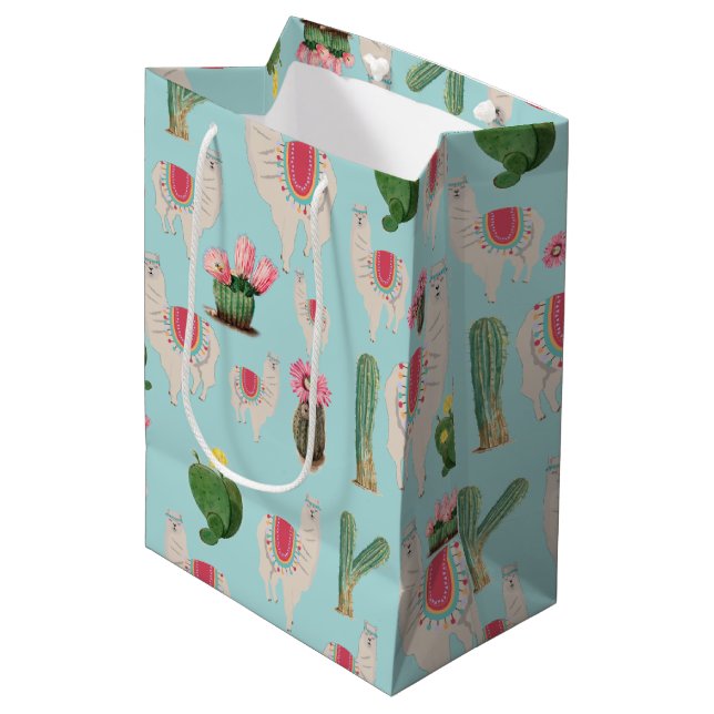 Cute Fiesta Llama & Cactus Pattern Medium Gift Bag (Front Angled)