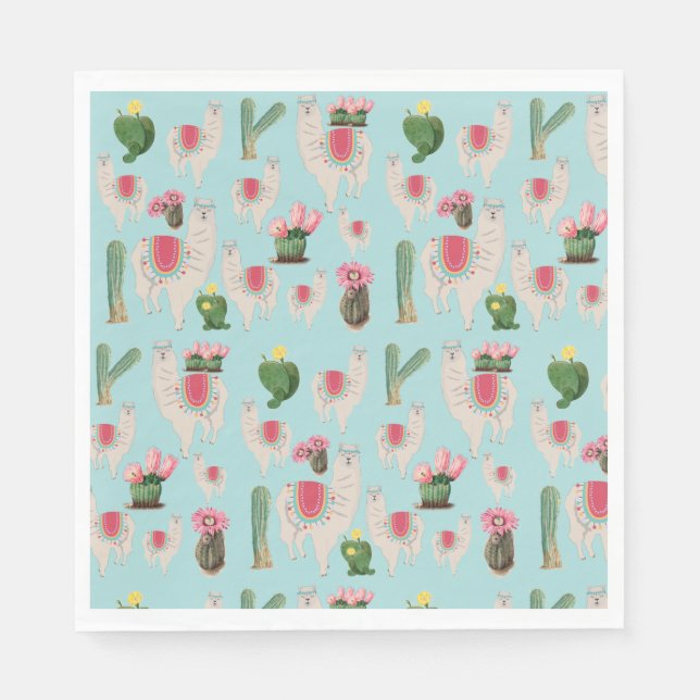 Cute Fiesta Llama & Cactus Pattern Napkin (Front)