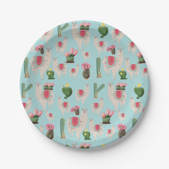 Cute Fiesta Llama & Cactus Pattern Paper Plate (Front)