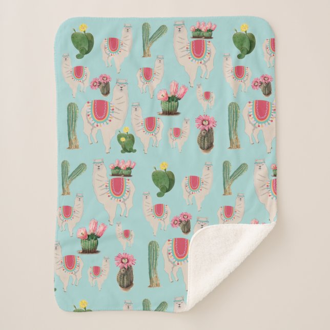 Cute Fiesta Llama & Cactus Pattern Sherpa Blanket (Front)