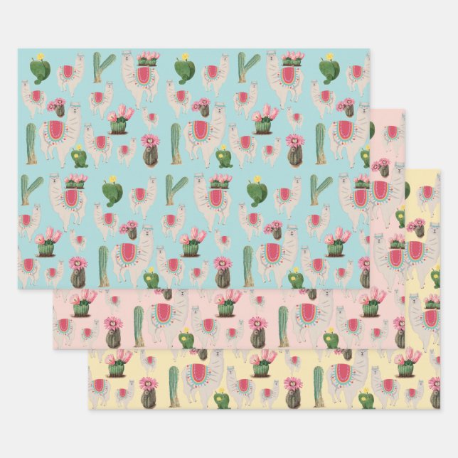 Cute Fiesta Llama & Cactus Pattern   Wrapping Paper Sheet (Set)